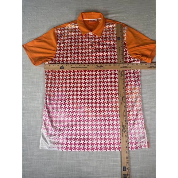 Puma Colorful Ombré Orange Red Pink Summer Houndstooth‎ Golf Polo Shirt Sz Large - Picture 3 of 8